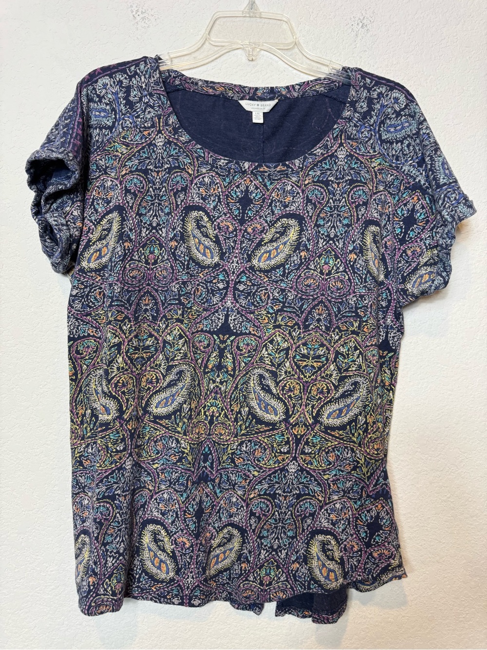 Lucky Brand Navy Multicolor Paisley Short-Sleeve Tee Cotton Modal Split Back L